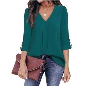 Women’s 3/4 Cuffed Sleeve Chiffon Printed V Neck Casual Blouse Shirt Tops